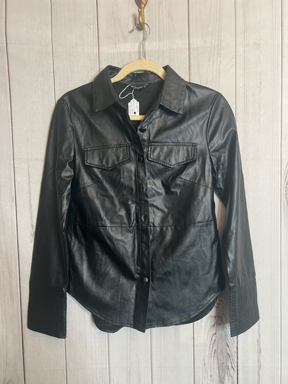 Simplee Black Faux Leather Button-Front Shirt - Women
